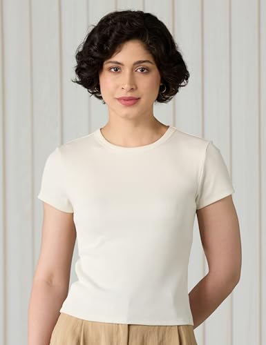Image of Amazon Brand - Symbol Women's Slim Fit Cropped Rib T-Shirt (Round Neck | Half Sleeve | Pack of 2) (Available in Plus Size)