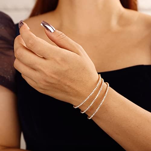 YERTTER 3-Row Gold Full Rhinestone Crystal Stretch Bangle Bracelet Tiny Tennis Chain Cuff Bridal Bangle Bracelet Wedding Jewelry Gift for Women Girls (Style C -Gold)