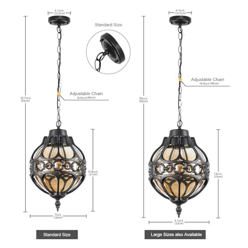 Globe Outdoor Pendant Lights for Porch Patio Garage, Matte Black Aluminum Anti-Rust Hanging Light Fixture, Industrial Round Amber Glass Exterior Chandelier, Outside Pendant Lamp, 2 Pack