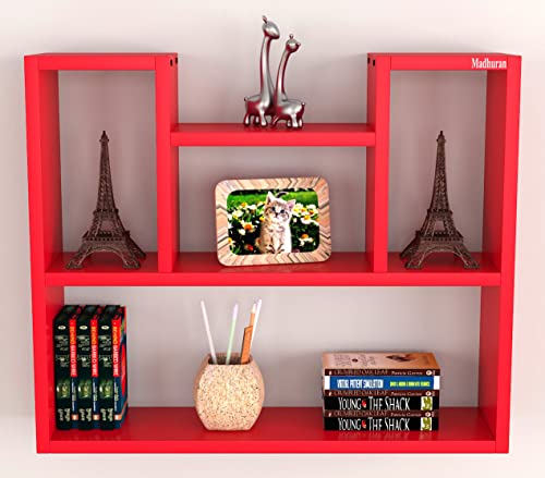 Image of Madhuran Wood Riya Books Cum Display Wall Rack Shelves Set of1 Red