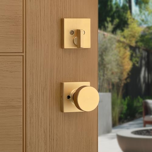 Image of Kwikset San Clemente Front Door Lock Handle and Deadbolt Set, Entry Handleset Exterior with Square Pismo Interior Door Knob, Satin Brass, Pick Resistant SmartKey Rekey Deadbolt Security