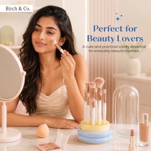 Image of Birch & Co. 4-in-1 Makeup Brush Holder Organizer with Dustproof Lid,Silicon Brush Cleaning Mat & Hanging Drying Rack, Portable Makeup Organisers Case for Sponges, Puffs & Brushes, Blue & Yellow