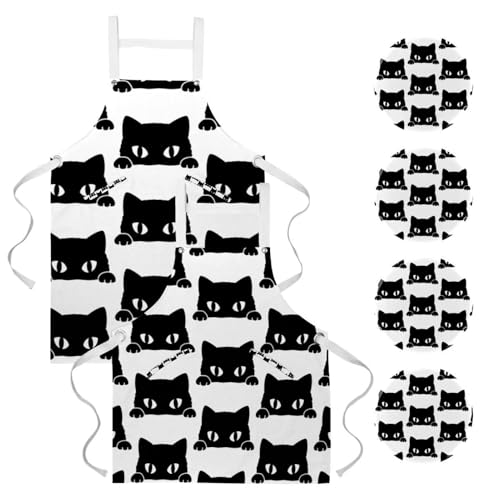 Tablier multicolore chats noirs avec broches pour pâtisserie bistrot et travail créatif