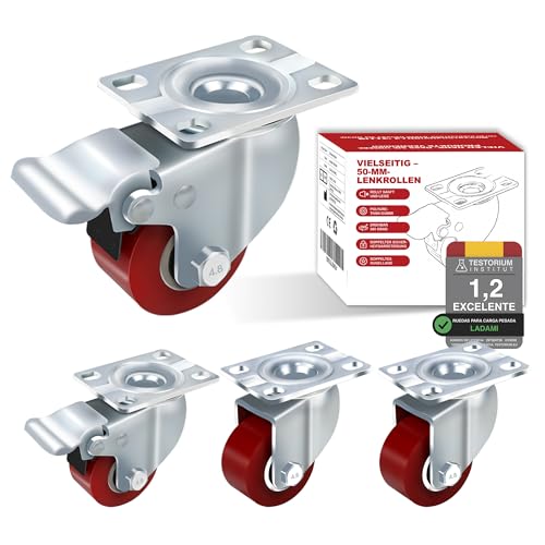 4 ruedas industriales de 50 mm, 1000 kg, silenciosas, placa de poliuretano, ruedas giratorias con freno, barra de acero para transporte de fábrica, tranvía, banco de trabajo (2 pulgadas)