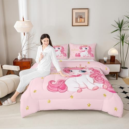 Image of Erosebridal Pink Unicorn King Bed Comforter Set for Girls | Kawaii Princess Unicorn Bedding Set Cute Stars Reversible Bed Sets Girly Cartoon Horse Quilt Comforter Fantasy Girls Room Decor,3 Pcs