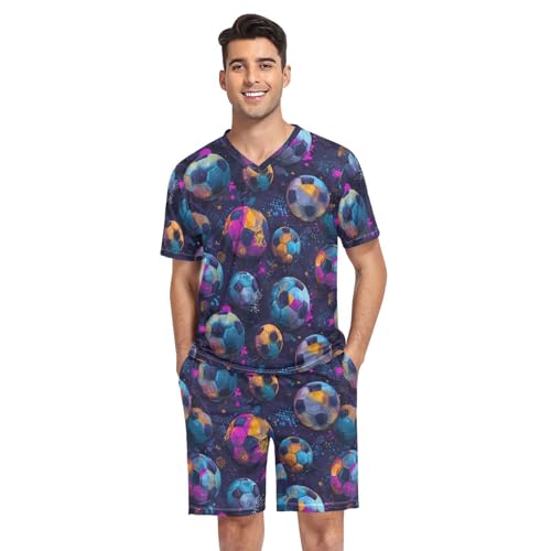 Football Pattern Men’s Pajama Sets Short Sleeve Shirt and Pants with Soft Touch Fabric