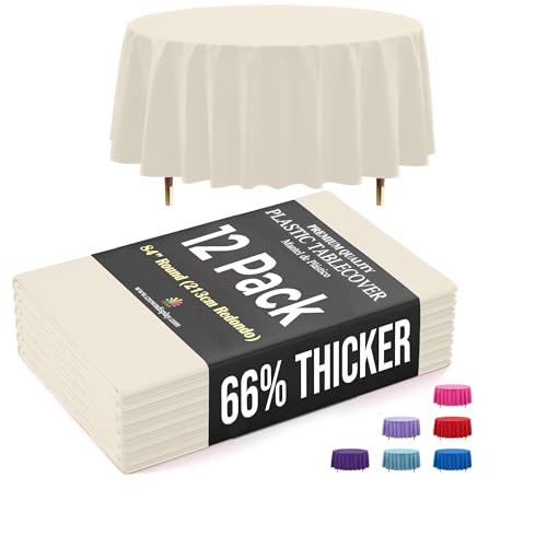 Image of Exquisite 66% Thicker Premium Ivory Round Tablecloth 0.5 Mil 12 Pack Plastic Table Cloth Disposable 84 Inch Round Plastic Tablecloth Won't Tear Easily Like Cheap Thin Brands