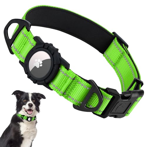 Taglory AirTag Dog Collar with Waterproof Holder for Medium Dogs, Green, M