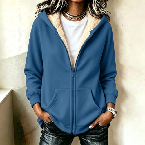 Fleece Jacket Women Warm Casual Full Zip Up Sherpa Lined Hoodie Blue - image 2