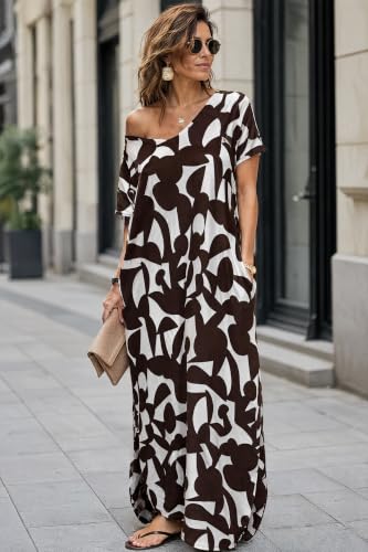 Image of Women Summer V Neck Loose Side Split Maxi Dresses with Pocket