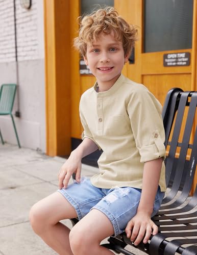 Image of Arshiner Boys Cotton Linen Henley Shirt Button Down Shirt Long Sleeve T Shirt Beach Shirt Tee Casual Solid Tops