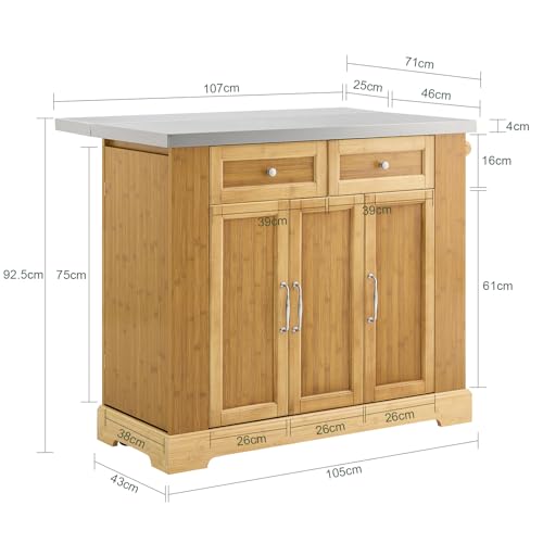SoBuy Isla de Cocina con Ruedas, Carro de Cocina Auxiliar con Superficie de Trabajo Extensible, Mueble Auxiliar de Cocina Salvaspacio, Mueble Carro de Cocina con Ruedas 107x(46–71) x92,5 cm FKW130-N - imagen 4