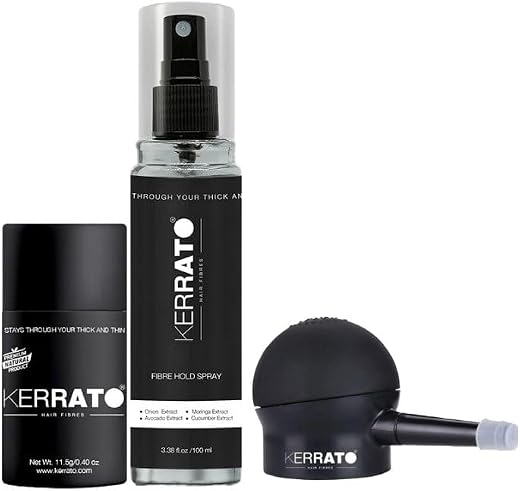 KERRATO HAIR FIBRES 11.5G (Natural Black) With Fibrehold Spray (100ML) And Pump |Conceals Hair Loss Instantly - Natural Ha...