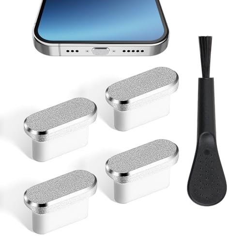MBAIYO 4PCS USB C Dust Plug, Metal PE Charging Port Cover with Cleaning Brush Type C Plug Covers Power Input Protector Cap for All USB Type C Lightning Port Devices (4 Sliver)