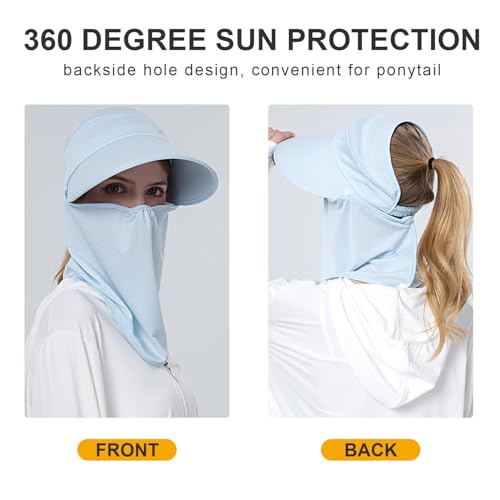 Image of Women Wide Brim Face Mask Sun Hat Detachable Neck Face Flap Ponytail UV Protection Visor Hat Garden Fishing Hiking