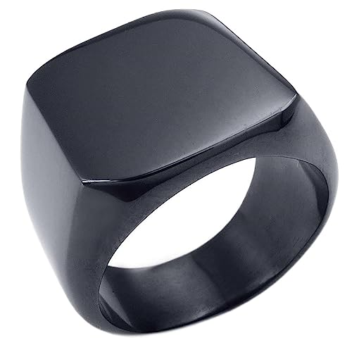 Bague homme biker anneau acier inoxydable avec grand cachet noir de taille 70