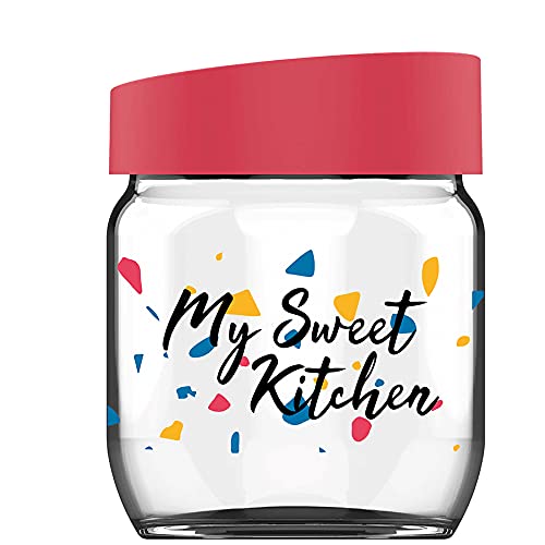 Image of Pasabahce Printed Glass Jar with Red Lid from House of the Original Pasabahce from Turkey | Stylish & Durable Airtight Storage Container for Pickles, Snacks, Cookies & Spices for Kitchen(425ml, 2 pcs)
