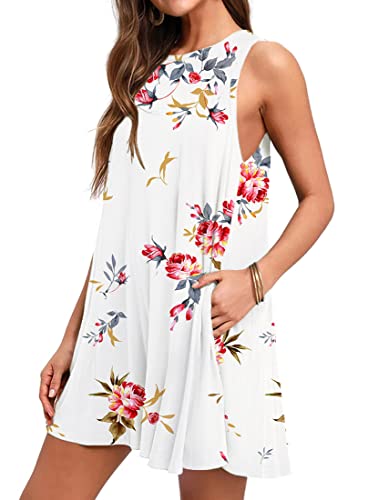 Weaczzy Women's Sleeveless Pockets Loose Dress Swing Casual T-Shirt Dresses Floral White 2X-Large #TOP1