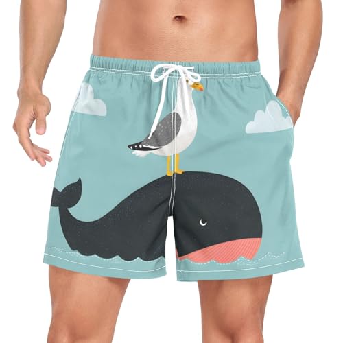 Seagull Whale Cloud Men's Swim Trunks, Quick Dry Beach Board Shorts with Liner, Swimwear Bathing Suits S