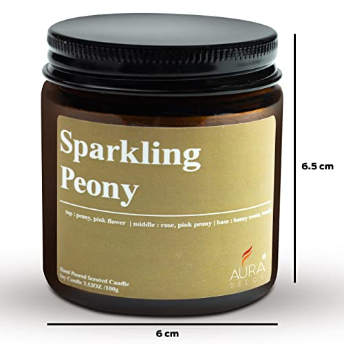 Image of AuraDecor Sparkling Peony Scented Jar Candle | 100gm Handpoured Soy Wax Candle with 30 hr Burn Time | Premium Amber Jar Aromatherapy Candle | Ideal Gift for Home & Decor