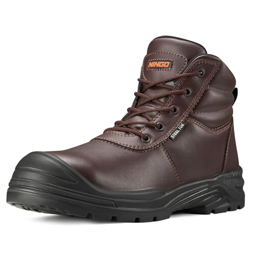 Image of NINGO Steel Toe Work Boots for Men, Non Slip & Puncture Resistant Construction Boots with Breathable Lining, EH Protection, Comfortable Mens Safety Leather Work Shoes for Industrial, Walking Warehouse