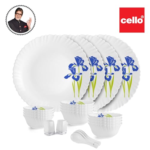 Image of Cello Opalware Dazzle Series Blue Iris Dinner Set | Microwave & Dishwasher Safe | Light-Weight & Thermal Resistant | Crockery Set for Dining & Gifting | Set of 22, White