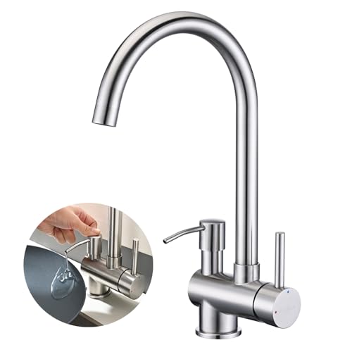 Grifo de Cocina Moderno 2en1: Dispensador Jabón + Caño Giratorio 360° - BuntHaus Mezclador de Fregadero Acero Inoxidable 304 (No Necesita Taladro), Ahorra Espacio y Ahorro de Energía