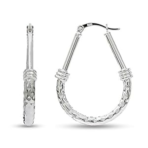 LeCalla 925 Sterling Silver Hoop Earrings | Italian Design Classic Diamond-Cut Textured Earring Hoops | Women’s Drop Shape Oval Hoop Earring Jewelry for Women