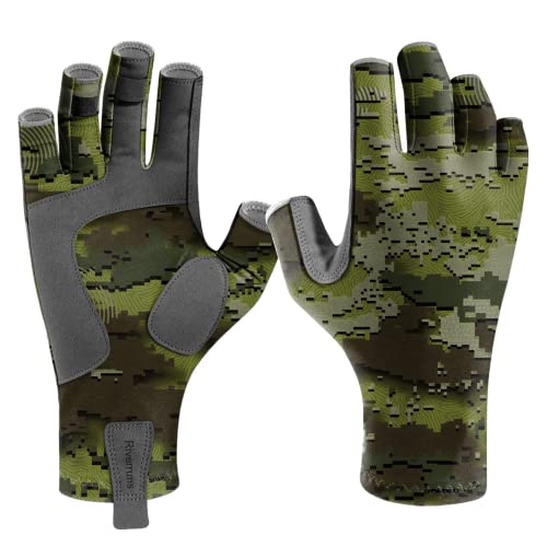 Riverruns UPF 50+ Fishing Gloves UV Protection Fingerless Sun Gloves Men Women for Outdoor, Kayaking, Rowing, Driving, Hunting(OGCamo, XL) by Riverruns - Used condition - US$7.72