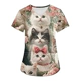 Womens Scrub Tops Comfy Short Sleeve V-Neck Nurses Uniforms Fashion Vintage Cats Print Working Medical Scrub Shirts Cute Animals Elements Graphic Scrub Tops with Pockets Anti-Wrinkle Overalls