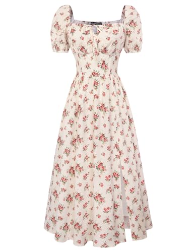Image of Scarlet Darkness Women's Floral Corset Dress with Split 2026 Summer Spring Square Neck Midi Milkmaid Dresses