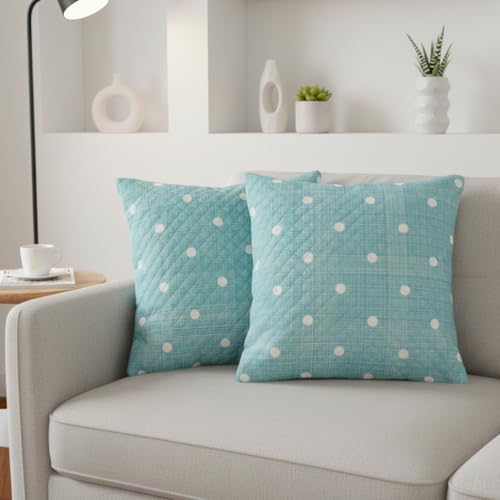 Image of STITCHNEST 'QuadraNest' Series Printed Quilted Velvet Cushion Cover 16x16 Inch Set of 2 | Premium Soft Fabric, Washable & Fade Resistant | Decorative Living Room Cushion Covers | Pastel Green
