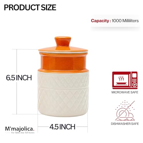 Image of Ceramic Storage Jar with Lid Set of 2-1000 ML Each | Orange & White Textured Kitchen Container for Tea, Coffee, Sugar, Snacks & Dry Storage | Decorative Countertop Jar