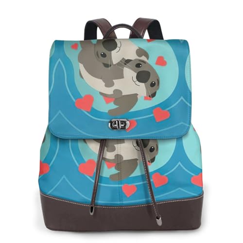 Sac à dos en cuir loutre imprimé mignon et polyvalent noir