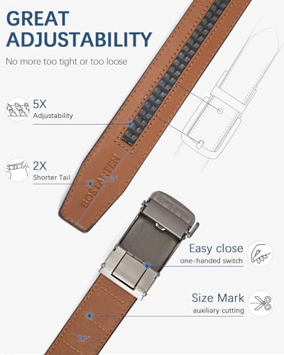 Image of BOSTANTEN Ratchet Belts for Men Leather Trim to Fit 1 3 /8 inch Gift Boxed | Micro-Adjustable Buckle, Tailored Size, Holeless, Versatile for Dress Casual, Effortless Style