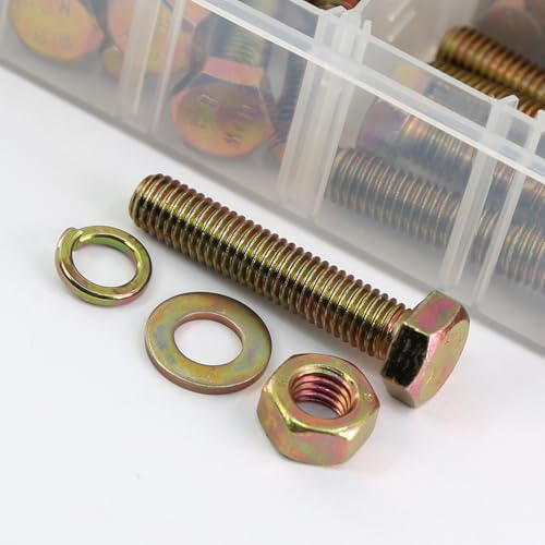 YEEZET 1000 PCS Schrauben und Muttern M4 M5 M6 Verzinkt 8.8 Sechskantschrauben, Unterlegscheiben, Federringe und Muttern Sortiment Kit, 15 Gebräuchlichste Größen, 10-40mm