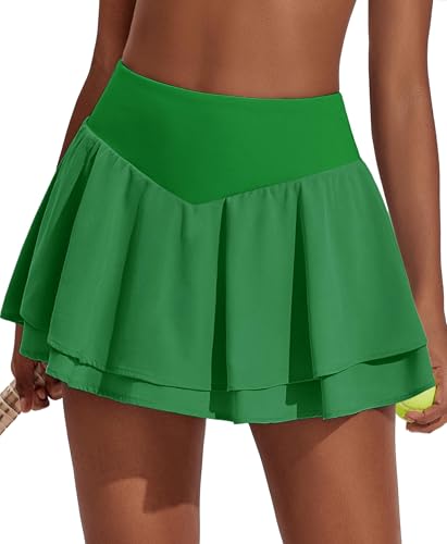Image of PINSPARK Womens Tennis Skirt Pleated High Waisted Golf Skort with 3 Pockets | Double Ruffle, Soft, Lightweight, Quick Dry, Tummy Control Athletic Skirts, Workout Skorts, for Pickleball, Running, Casual
