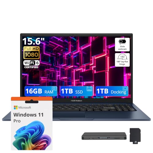 Image of ASUS Vivobook 15.6 inch FHD Business Laptop, Intel Core 3 100U, 16GB DDR5, 2TB Storage (1TB SSD + 1TB Docking Station Set), Intel Graphics, Number Pad, 720p Webcam, Wi-Fi 6, Win 11 Pro, Quiet Blue