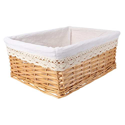Mikikit Cesta De Mimbre Tejida Cesta Con Forro 40 x 30 x 16 Cm Contenedor De Almacenamiento Rectangular Para Dormitorio Baño Oficina