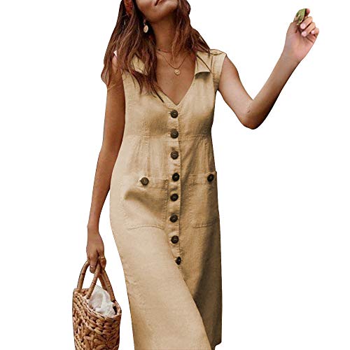 Loijon Mulheres verão vestido de linho de algodão cor sólida v pescoço sem mangas botão bolso casual