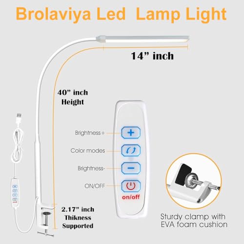 Image of BROLAVIYA Overhead Flexible LED Desk Lamp with Clamp, 3 Modes, 10 Brightness, Eye-Caring, Long Flexible Gooseneck for Home, Office, Desktop,Bedroom, Reading, Study lamp, White