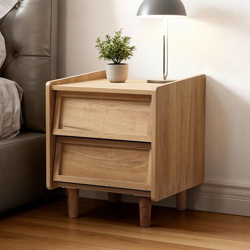 Hometopia Nachttisch Holz mit 2 Schubladen Moderner Nachtschrank mit abgeschrägten Fronten Bedside Table für Schlafzimmer Schmal 43 × 39 × 49 cm