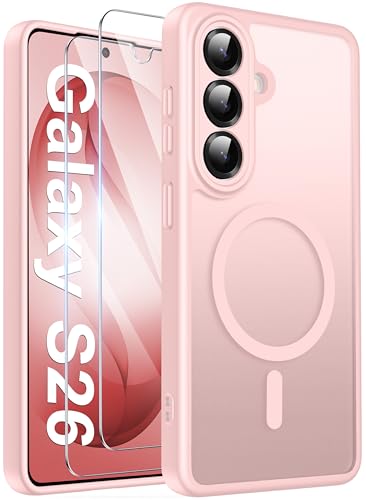 Opkiegrn Funda Samsung Galaxy S26 Magnética Compatible con Magsafe con 2 Protector de Pantalla Carcasa, Protectora Antigolpes para S26 Translúcido TPU Mate Funda   Rosa Claro