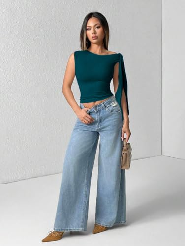 Image of TIVANTE Solid Asymmetrical Shoulder Tie Strap Crop Top for Women