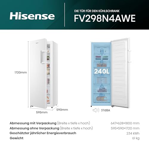 Hisense FV298N4AWE Gefrierschrank, 240 Liter Fassungsvermögen, Total NoFrost, Multi AirFlow, FastFreeze Funktion, Türanschlag wechselbar, LED Beleuchtung, weiß