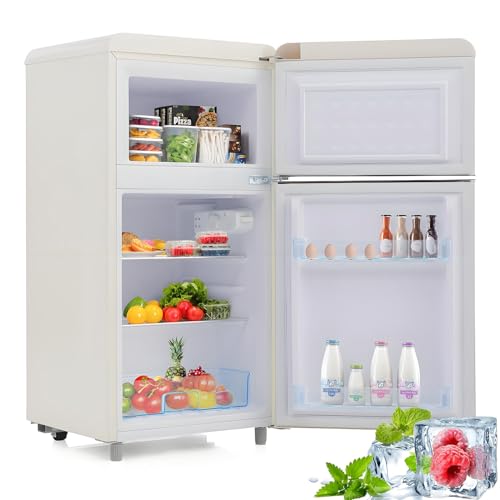Frigorífico retro de dos puertas, superior e inferior, 72 litros de volumen total y 21 litros de congelador, 120 kWh/año, luz LED, clase energética E,White