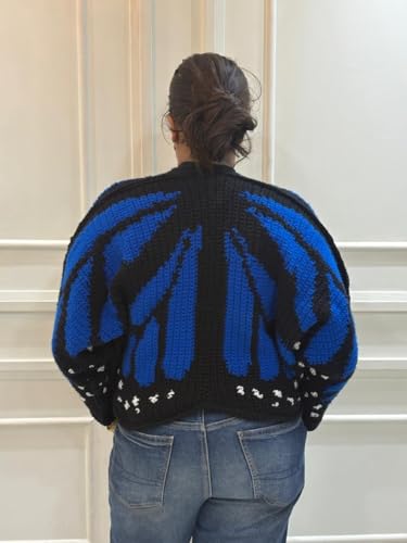Image of Monarch Butterfly Wing Cardigan, Blue and Black Crochet Knit, Batwing Sleeve, Button-Front Shrug Jacket for Women