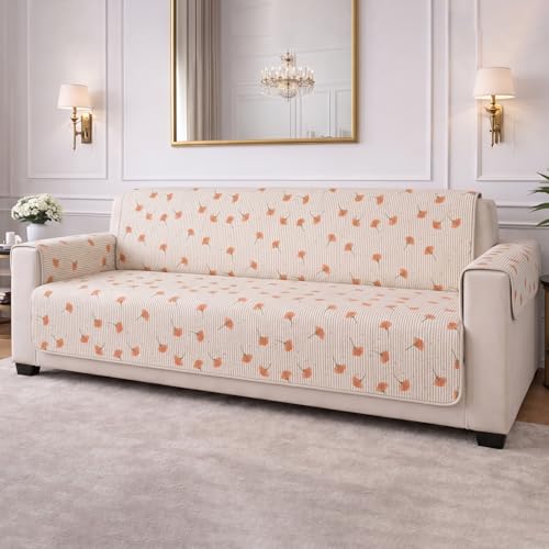 Image of STITCHNEST 'CloudFeel Series' Quilted Printed Velvet Sofa Cover for 1 Seater | Premium Soft Velvet Sofa Protector | Floral Design with Armrest Pockets | Furniture Cover