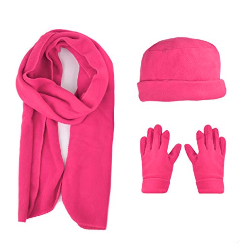 Women s Warm Polyester Fleece Winter Set Fur Trim - Glove Hat and Scarf Set for Women - One Size (Hot Pink 50)