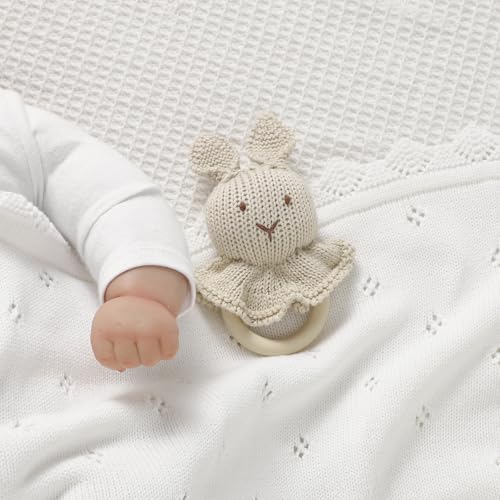 Image of mimixiong Cotton Baby Blanket Knitted Crochet Receiving Crib | Nursery Swaddling Blankets for Newborn Baby Boy Girl with the Bunny Rattle Snow white